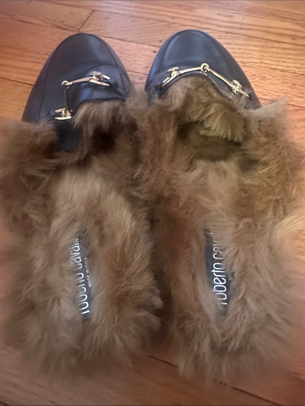 Roberto Cavalli Black Leather Fur-Lined Slip-On Loafers with Gold Hardware - Picture 3 of 6